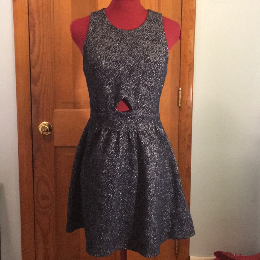Blue & Metallic Silver Sleeveless Skater Dress